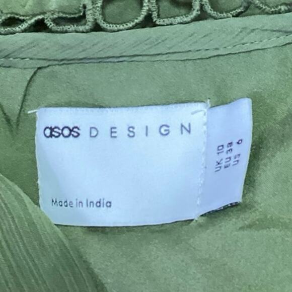 ASOS Design Green V-Neck Cutout Back Long Sleeve Ruffle Mini Fit & Flare Dress 6 - Picture 4 of 5